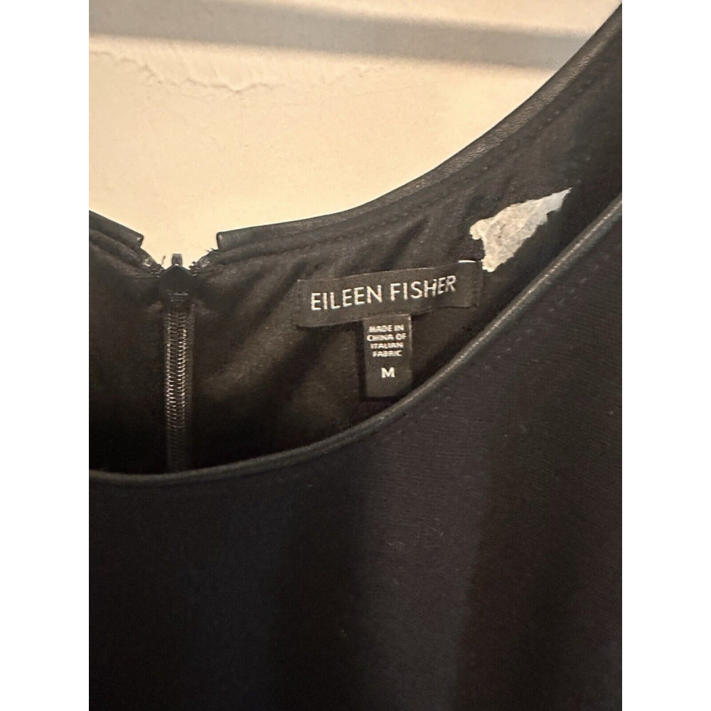 Eileen Fisher Midi Length Viscose Dress Leather Trim In Black - Picture 5 of 9